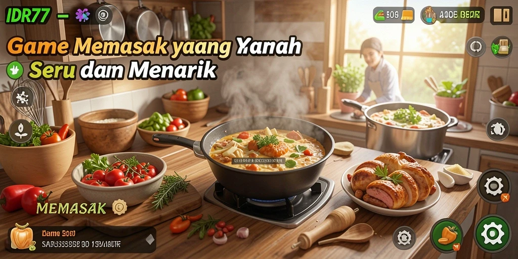 Antarmuka menarik dari game Memasak IDR77 dengan beragam resep.