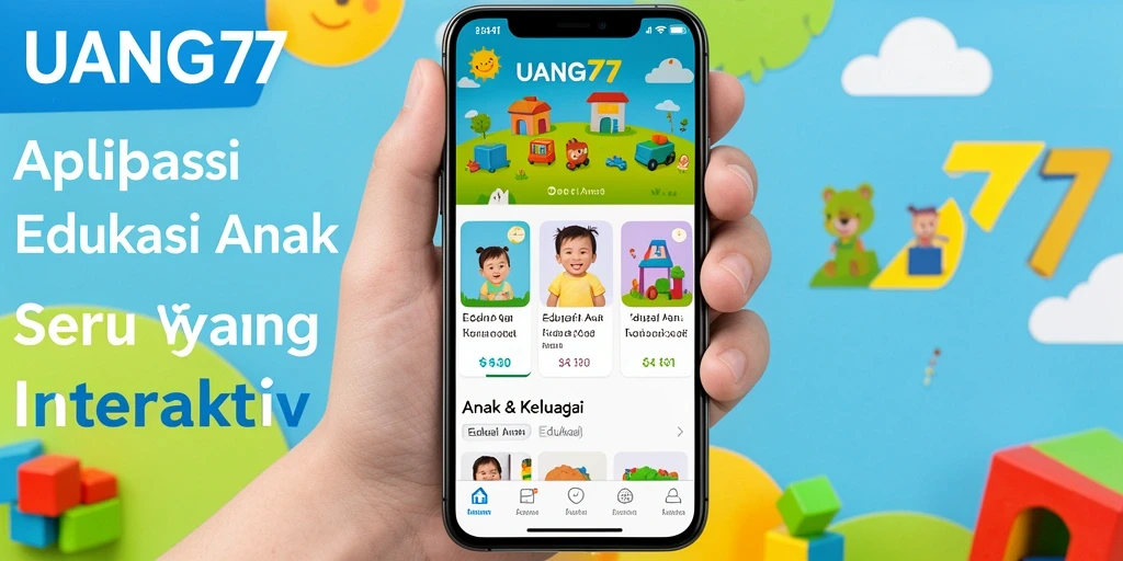 Antarmuka aplikasi UANG77 yang interaktif dan mendidik untuk anak-anak.